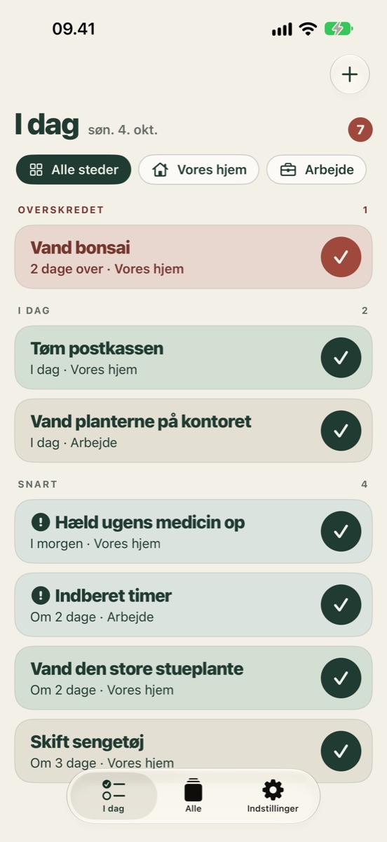 Skærmbillede: I dag viser dagens opgaver med en overskreden opgave øverst