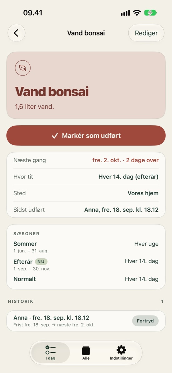 Opgavedetaljer med sæsoner
