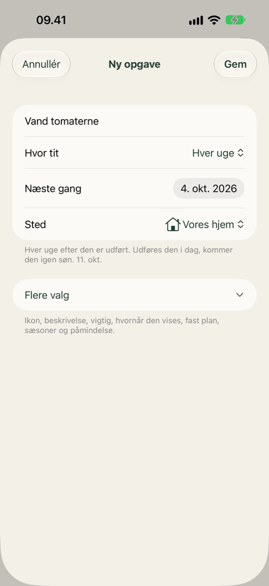 Ny opgave: navn, hvor tit og næste gang