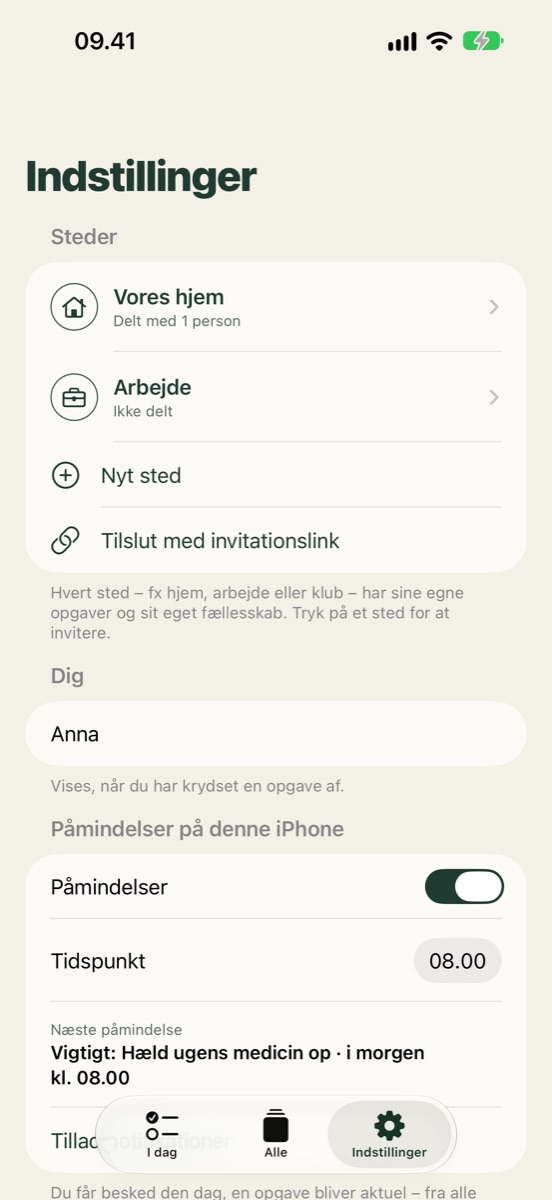 Indstillinger med steder og påmindelser