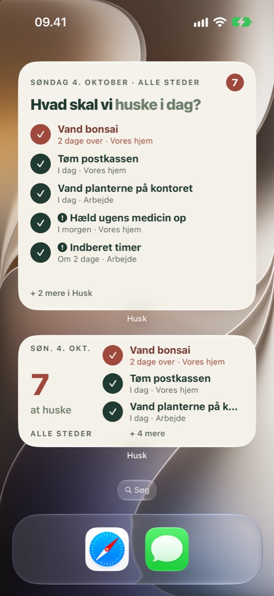 Skærmbillede: Husk-widgets på hjemmeskærmen med opgaver og ✓-knapper